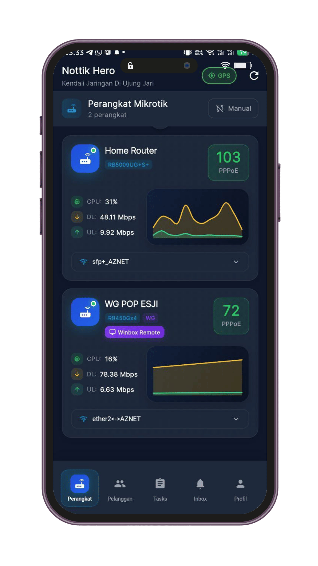 Dashboard perangkat Mikrotik & live traffic — Nottik Hero