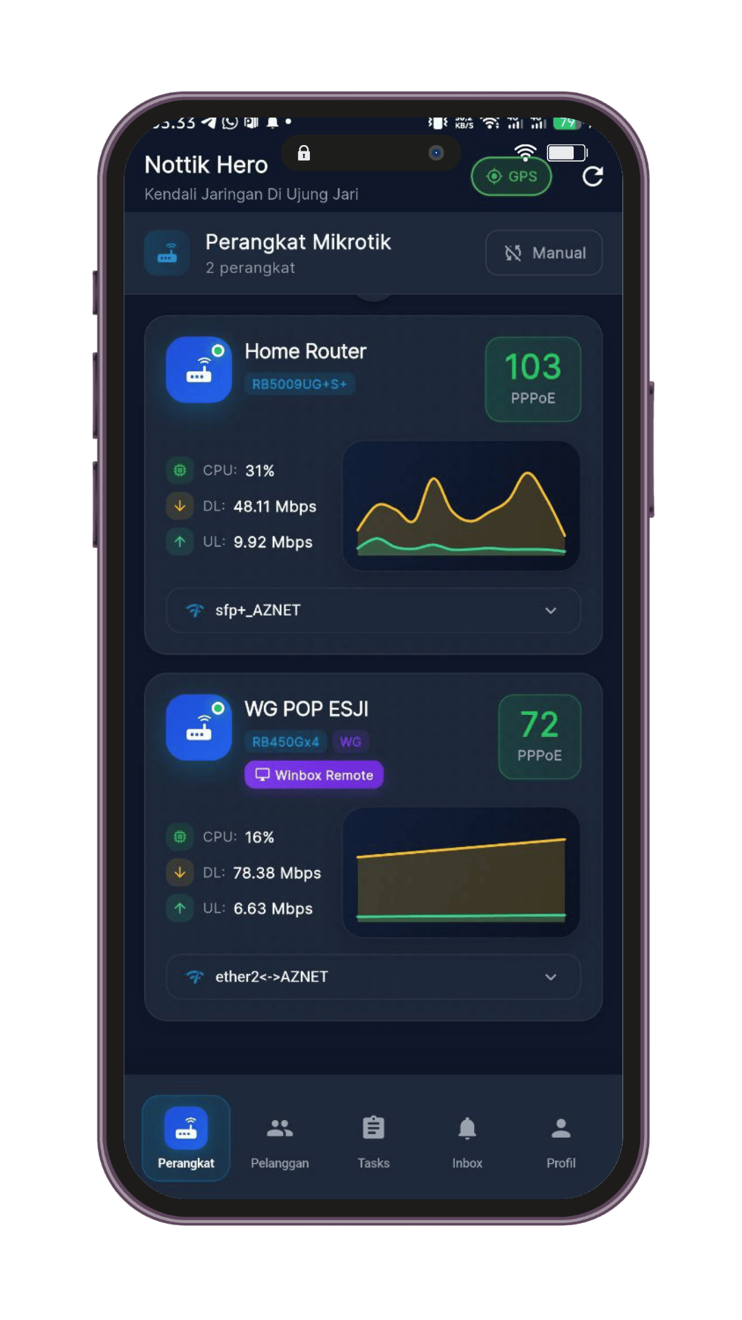 Dashboard perangkat Mikrotik & live traffic — Nottik Hero